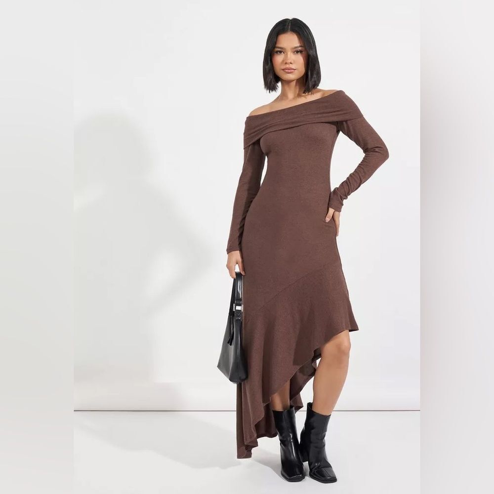NEW 19 Cooper Off Shoulder Asymmetrical Brown Dress S